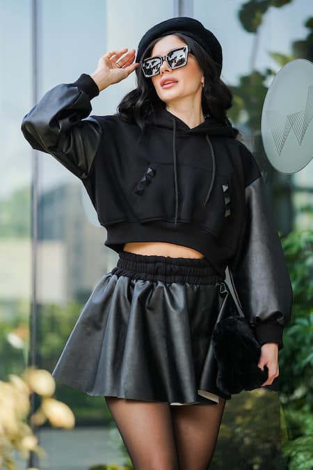 Shop_The Episode_Black Fleece 52% Cotton And 48% Polyester Plain Sweatshirt & Mini Skirt Set _Online_at_Aza_Fashions