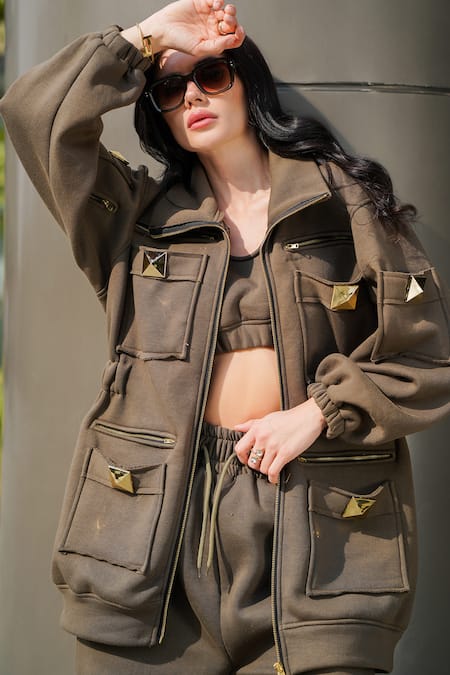 The Episode_Green Fleece Collared Olive Pocketed Sweatshirt And Joggers Set _Online_at_Aza_Fashions