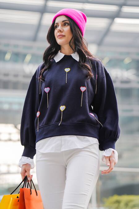 The Episode_Blue Fleece 52% Cotton And 48% Polyester Patch Work Heart Collared Sweatshirt _Online_at_Aza_Fashions