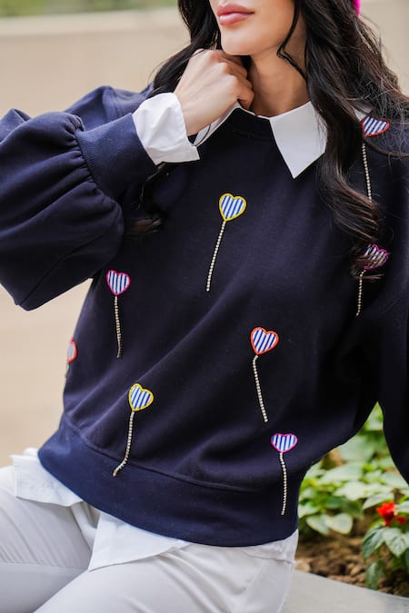 Buy_The Episode_Blue Fleece 52% Cotton And 48% Polyester Patch Work Heart Collared Sweatshirt _Online_at_Aza_Fashions