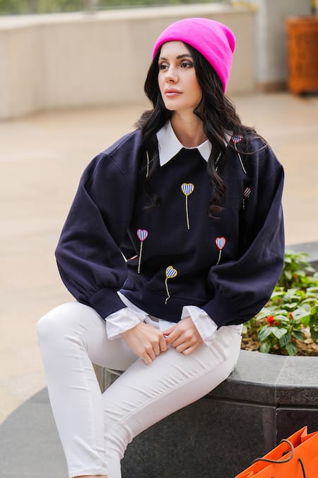 Shop_The Episode_Blue Fleece 52% Cotton And 48% Polyester Patch Work Heart Collared Sweatshirt _Online_at_Aza_Fashions