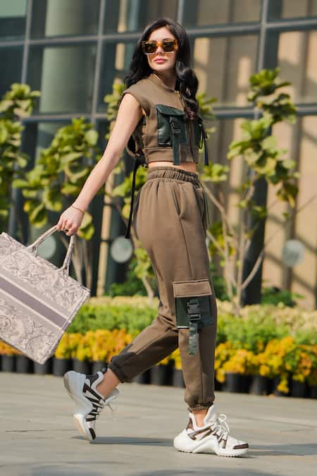 Buy_The Episode_Green Fleece 52% Cotton And 48% Polyester Buckle Olive Vest & Joggers Set _Online_at_Aza_Fashions