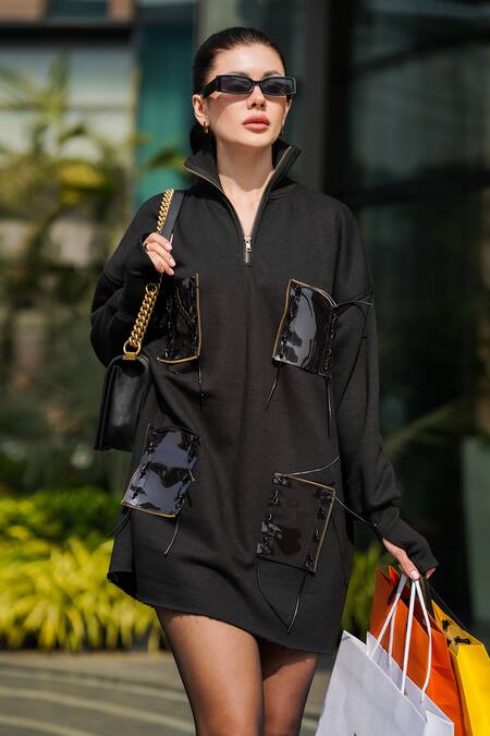 Buy_The Episode_Black Fleece 52% Cotton And 48% Polyester Patch Work False Pocket Sweat Dress _Online_at_Aza_Fashions
