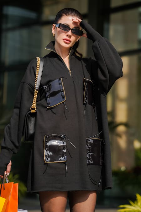 Shop_The Episode_Black Fleece 52% Cotton And 48% Polyester Patch Work False Pocket Sweat Dress _Online_at_Aza_Fashions