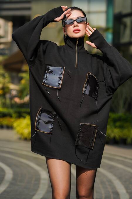 The Episode_Black Fleece 52% Cotton And 48% Polyester Patch Work False Pocket Sweat Dress _at_Aza_Fashions