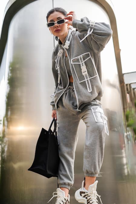 The Episode_Gray Fleece Buckles High Neck Detail Grey Sweatshirt Jacket And Joggers _Online_at_Aza_Fashions