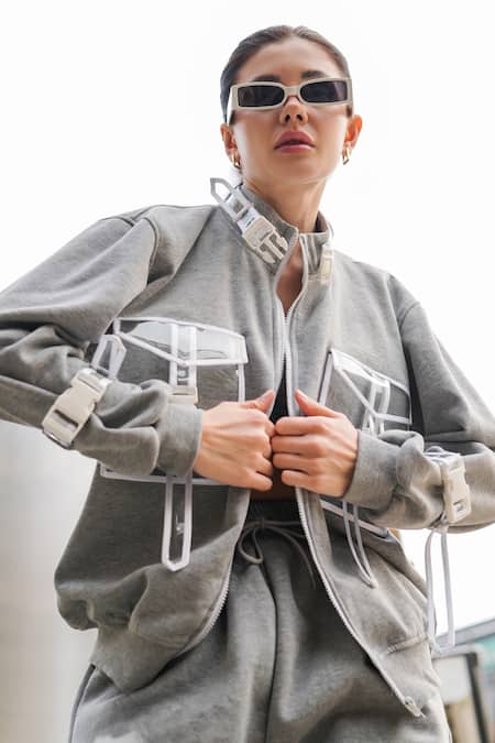 The Episode_Gray Fleece Buckles High Neck Detail Grey Sweatshirt Jacket And Joggers _at_Aza_Fashions