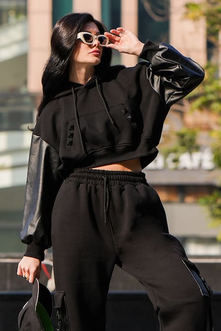The Episode_Black Fleece Patchwork Halter Neck Cropped Hoodie And Joggers Set _Online_at_Aza_Fashions