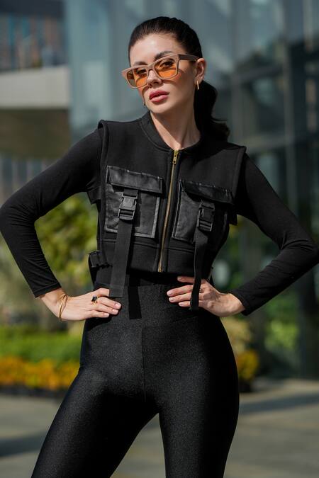 Shop_The Episode_Black Fleece 52% Cotton And 48% Polyester Buckle Detailing Round Neck Vest Jacket _Online_at_Aza_Fashions