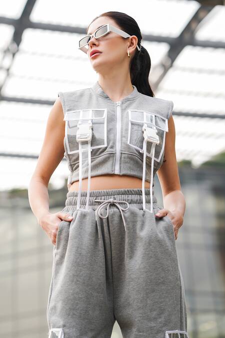 The Episode_Gray Fleece 52% Cotton And 48% Polyester Buckle Military Sleeveless Vest Jacket _Online_at_Aza_Fashions