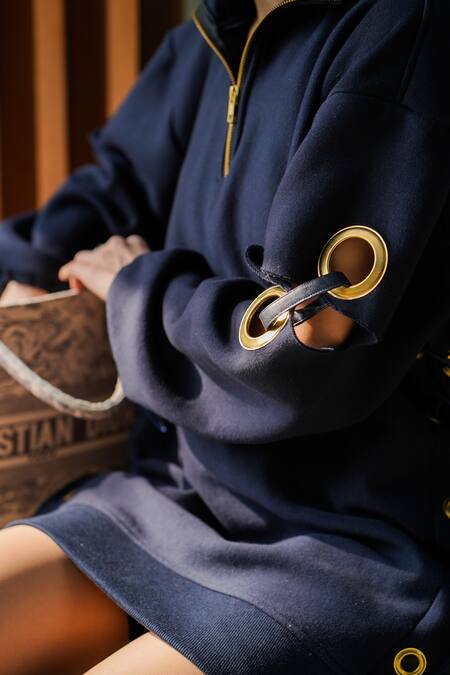 Buy_The Episode_Blue Fleece 52% Cotton And 48% Polyester Eyelet Navy Sweatshirt Dress _Online_at_Aza_Fashions