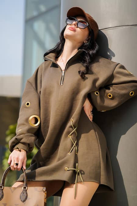 Buy_The Episode_Green Fleece Collared Olive Eyelet Sweatshirt Dress _Online_at_Aza_Fashions