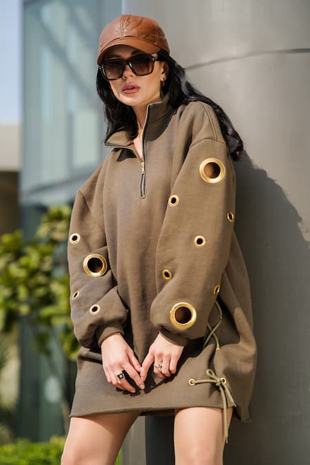 Shop_The Episode_Green Fleece Collared Olive Eyelet Sweatshirt Dress _Online_at_Aza_Fashions
