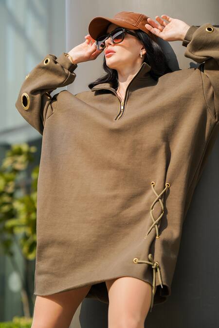 The Episode_Green Fleece Collared Olive Eyelet Sweatshirt Dress _at_Aza_Fashions