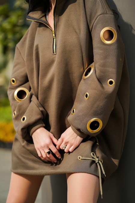 Buy_The Episode_Green Fleece Collared Olive Eyelet Sweatshirt Dress 