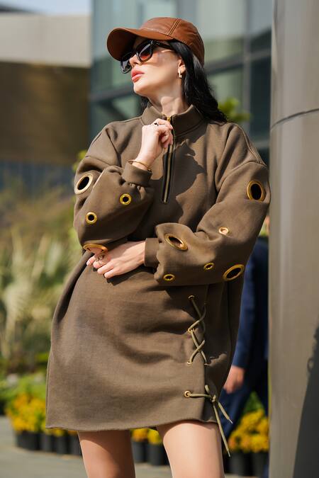 Shop_The Episode_Green Fleece Collared Olive Eyelet Sweatshirt Dress 