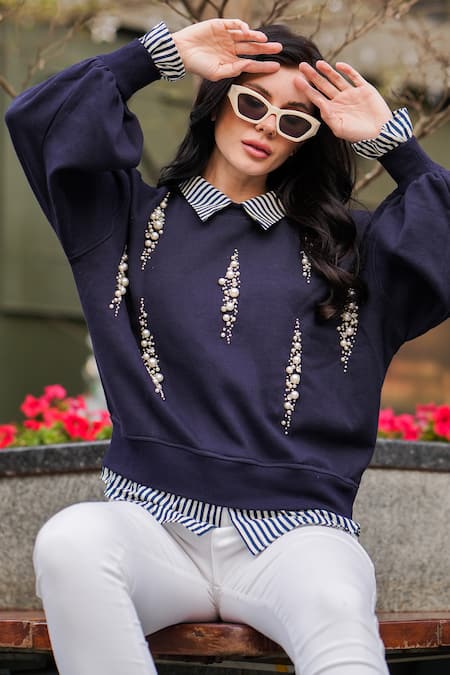 The Episode Navy Blue Pearl Embellished Sweatshirt 