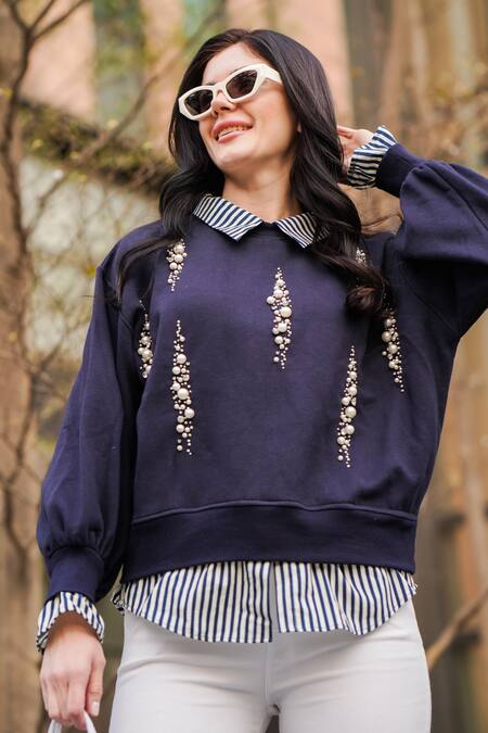 The Episode_Blue Fleece 52% Cotton And 48% Polyester Embellished Pearl Navy Sweatshirt _Online_at_Aza_Fashions