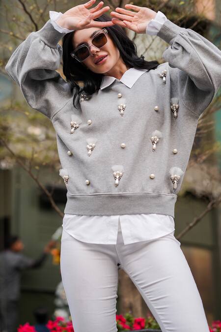 The Episode_Gray Fleece 52% Cotton And 48% Polyester Embellished Crystal & Pearl Sweatshirt _Online_at_Aza_Fashions
