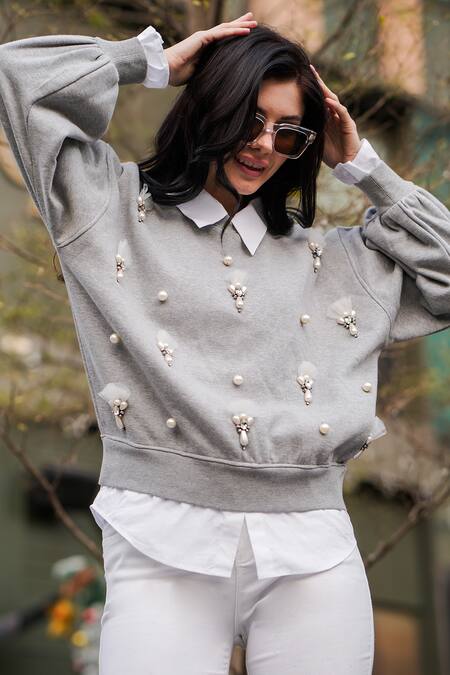 Buy_The Episode_Gray Fleece 52% Cotton And 48% Polyester Embellished Crystal & Pearl Sweatshirt _Online_at_Aza_Fashions