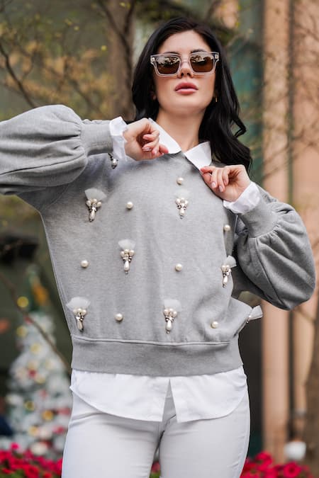 Shop_The Episode_Gray Fleece 52% Cotton And 48% Polyester Embellished Crystal & Pearl Sweatshirt _Online_at_Aza_Fashions