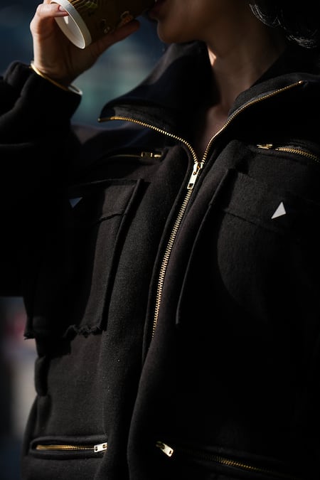 The Episode_Black Fleece 52% Cotton And 48% Polyester Front Pocketed Zip Sweatshirt Dress _at_Aza_Fashions