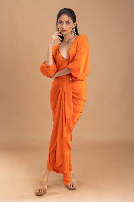 Lavina Sippy Orange Placement Embellished Draped Dress 