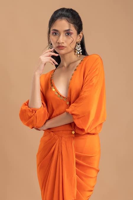 Lavina Sippy_Orange Crepe Plunge Neck Placement Embellished Draped Dress _Online_at_Aza_Fashions