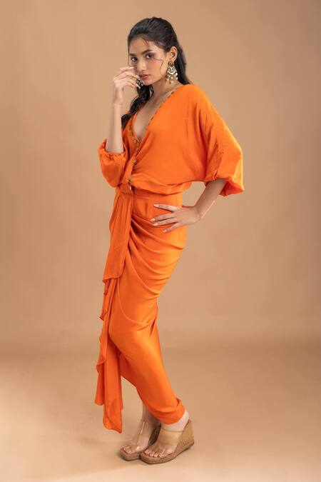 Buy_Lavina Sippy_Orange Crepe Plunge Neck Placement Embellished Draped Dress _Online_at_Aza_Fashions