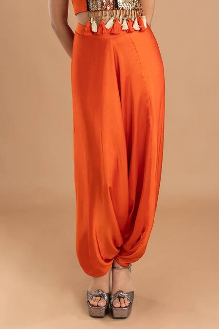 Lavina Sippy Orange Modal Sequins, Beads, Tassels Tribal Hand Embroidered Blouse And Dhoti Pant Online at Aza Fashions Lavina Sippy_Orange Modal Sequins, Beads, Tassels Tribal Hand Embroidered Blouse And Dhoti Pant _Online_at_Aza_Fashions