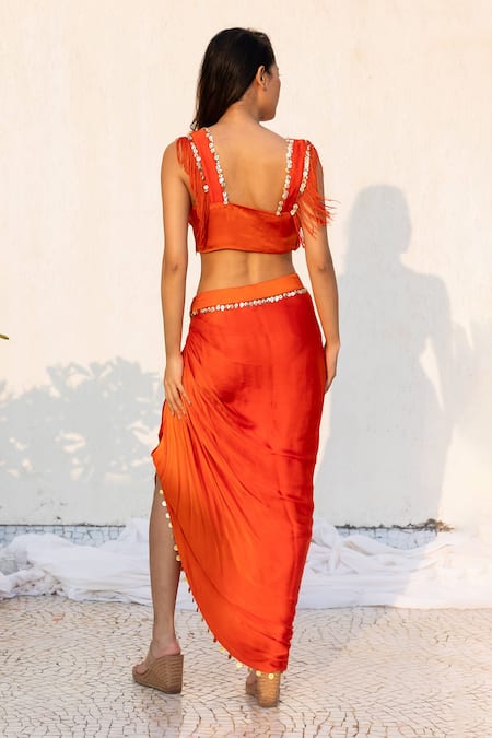 Shop_Lavina Sippy_Orange Modal Embellished Sequins V Neck Draped Top And Slit Skirt Set _at_Aza_Fashions