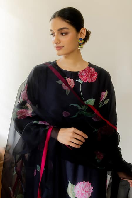 Buy Juanita By Shubhda Black Chanderi Printed Dahlia Round Kurta Set Online at Aza Fashions Buy_Juanita By Shubhda_Black Chanderi Printed Dahlia Round Kurta Set_Online_at_Aza_Fashions