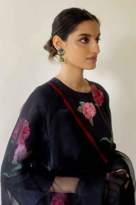 Shop Juanita By Shubhda Black Chanderi Printed Dahlia Round Kurta Set Online at Aza Fashions Shop_Juanita By Shubhda_Black Chanderi Printed Dahlia Round Kurta Set_Online_at_Aza_Fashions