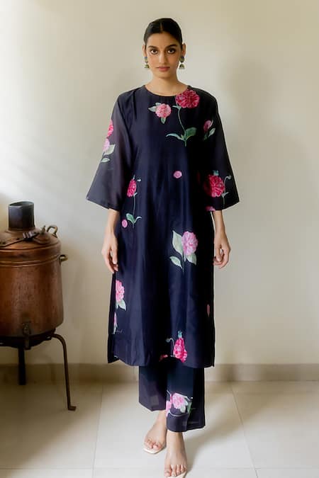 Buy Juanita By Shubhda Black Chanderi Printed Dahlia Round Kurta Set Buy_Juanita By Shubhda_Black Chanderi Printed Dahlia Round Kurta Set