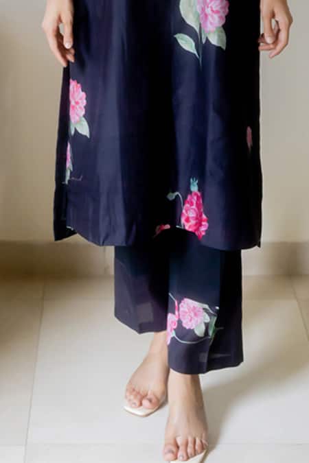 Shop Juanita By Shubhda Black Chanderi Printed Dahlia Round Kurta Set Shop_Juanita By Shubhda_Black Chanderi Printed Dahlia Round Kurta Set