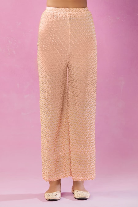 Kunwarani Ritu_Peach Georgette Mirrors, Sequins, Beads, Zardozi Embroidered Kurta And Pant Set _Online_at_Aza_Fashions