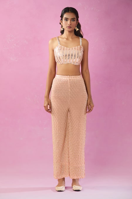 Buy_Kunwarani Ritu_Peach Georgette Mirrors, Sequins, Beads, Zardozi Embroidered Kurta And Pant Set _Online_at_Aza_Fashions