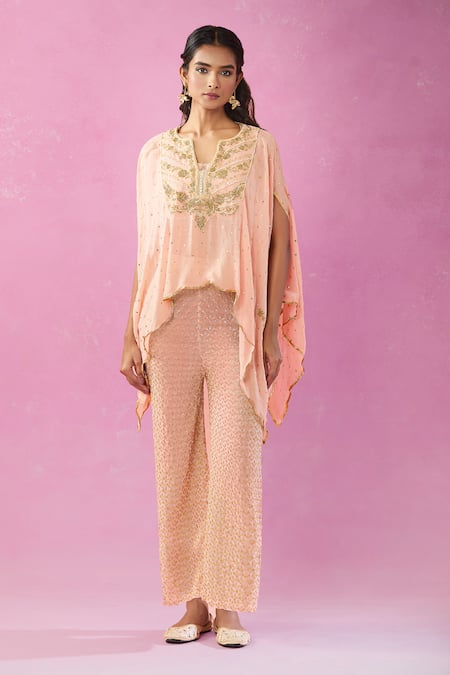 Shop_Kunwarani Ritu_Peach Georgette Mirrors, Sequins, Beads, Zardozi Embroidered Kurta And Pant Set _Online_at_Aza_Fashions