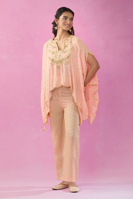 Kunwarani Ritu_Peach Georgette Mirrors, Sequins, Beads, Zardozi Embroidered Kurta And Pant Set _at_Aza_Fashions