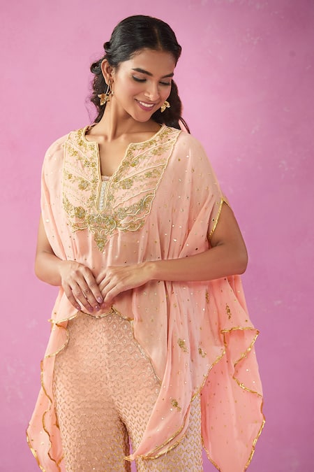 Buy_Kunwarani Ritu_Peach Georgette Mirrors, Sequins, Beads, Zardozi Embroidered Kurta And Pant Set 