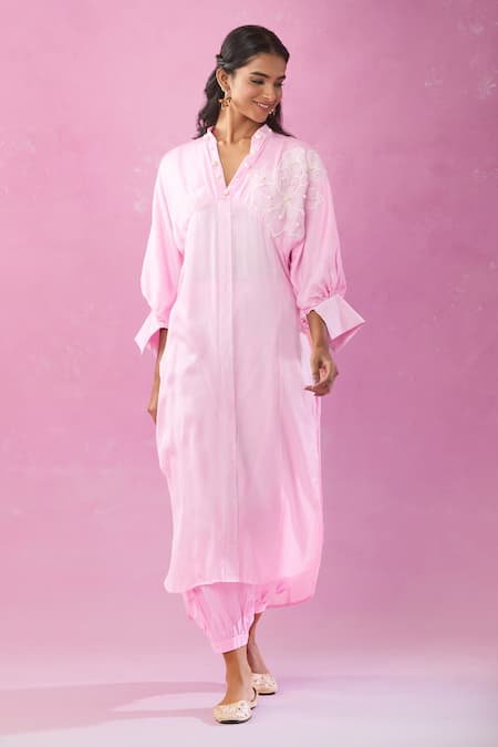 Shop Kunwarani Ritu Pink Cotton Pearls, Cut Work Collared Embellished Kurta And Salwar Set Online at Aza Fashions Shop_Kunwarani Ritu_Pink Cotton Pearls, Cut Work Collared Embellished Kurta And Salwar Set _Online_at_Aza_Fashions