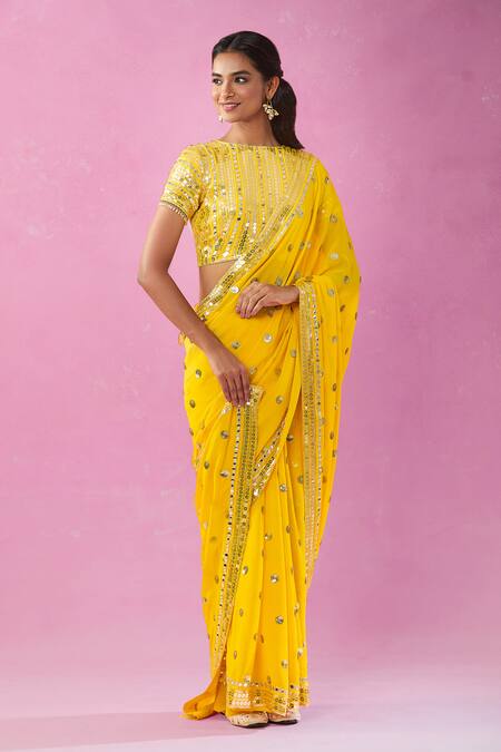 Buy Kunwarani Ritu Yellow Georgette Sequins, Mirrors Boat Neck Embroidered Saree With Blouse Buy_Kunwarani Ritu_Yellow Georgette Sequins, Mirrors Boat Neck Embroidered Saree With Blouse