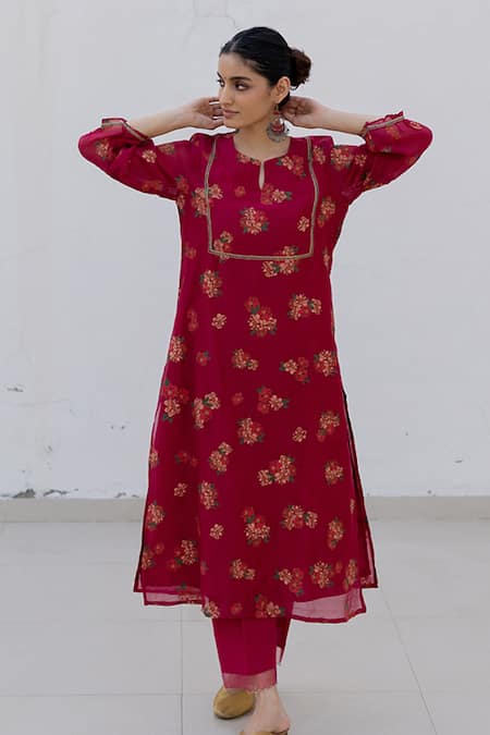 Juanita by Shubhda Ruby Floral Hand Block Print Kurta With Pant 