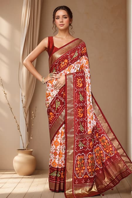 Samyukta Singhania Off White Silk Blend Woven Patola Pattern Saree With Running Blouse 