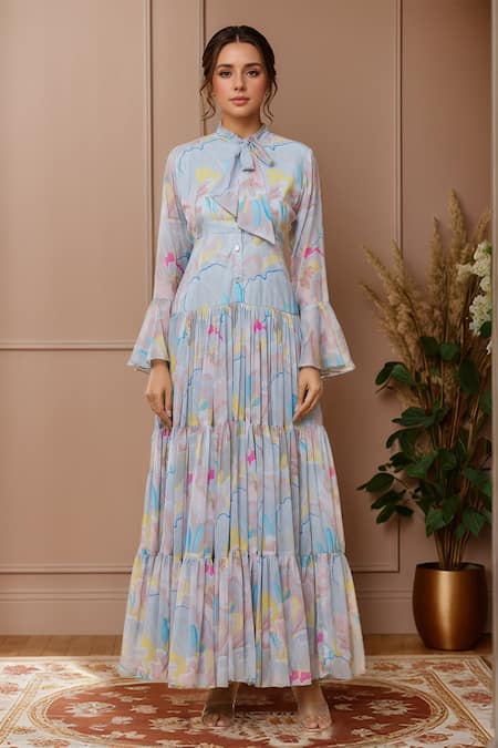 Samyukta Singhania Blue Pure Chiffon Abstract Tie-up Neck Misty Meadows Pattern Dress 