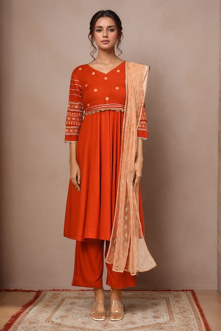 Samyukta Singhania Orange Anarkali And Pant Rayon Slub Embroidered Thread V-neck Set 