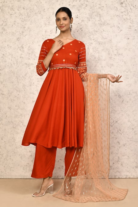 Samyukta Singhania_Orange Rayon, Polyester Embroidery, Mirrors V-neck Thread Anarkali Pant Set _at_Aza_Fashions