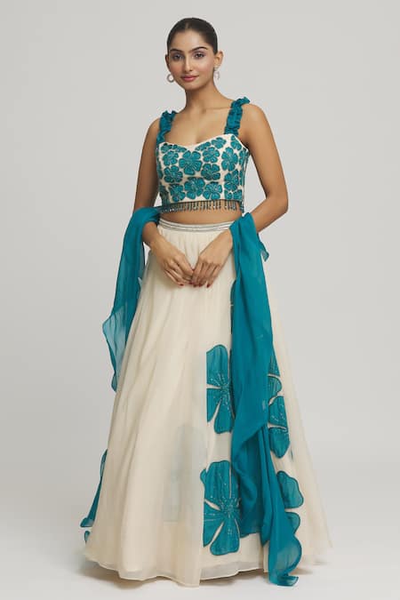 Buy_Samyukta Singhania_Off White Organza Applique, Crystals Square Neck Floral Embellished Lehenga Set _Online_at_Aza_Fashions