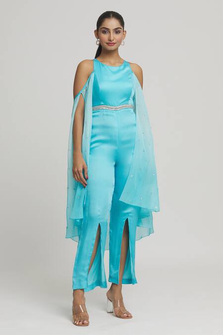 Buy_Samyukta Singhania_Blue Satin, Georgette, Organza Crystals, Placed Embellished Jumpsuit With Cape _Online_at_Aza_Fashions
