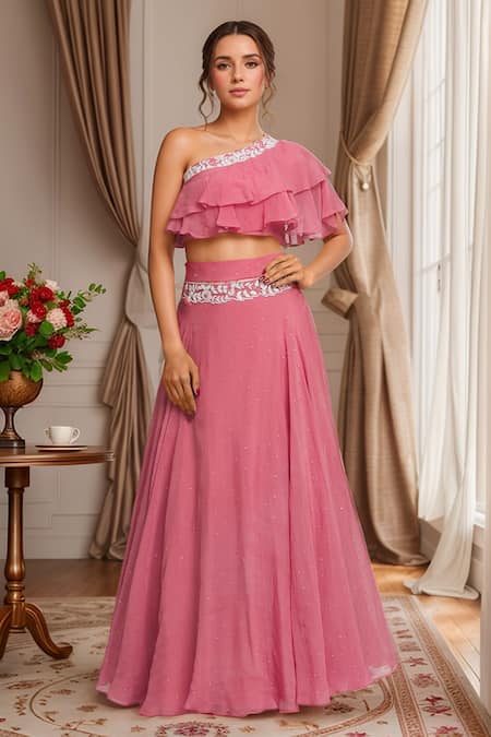 Samyukta Singhania Coral Organza Embellished Sequin One Shoulder Lehenga With Blouse 